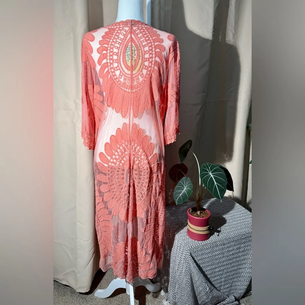 Rebellion Again Coral Pink Sheer Lace Maxi Duster Cardigan - Medium - NWT - Picture 10 of 11